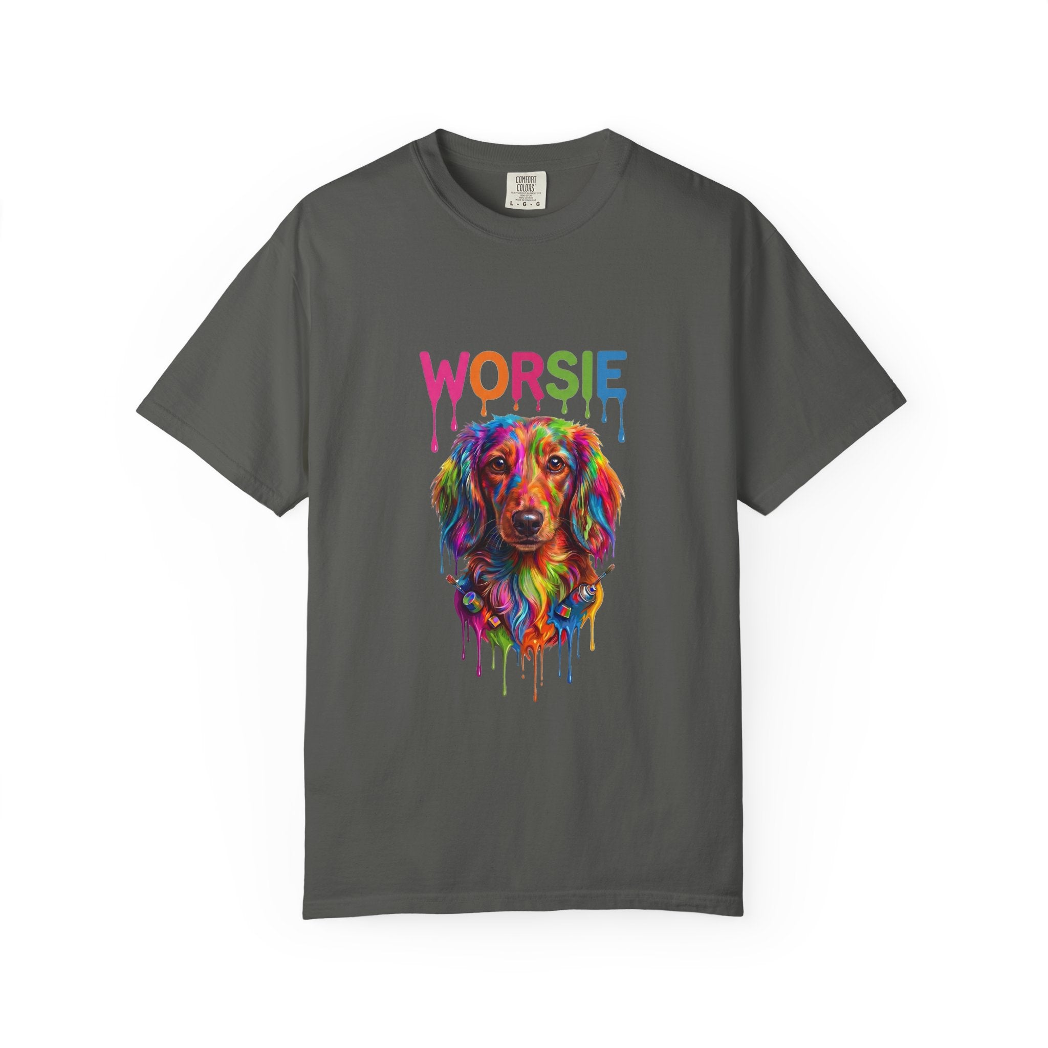 Worsie Colorful Dachshund T-Shirt – Vibrant Drip Art Dog Tee