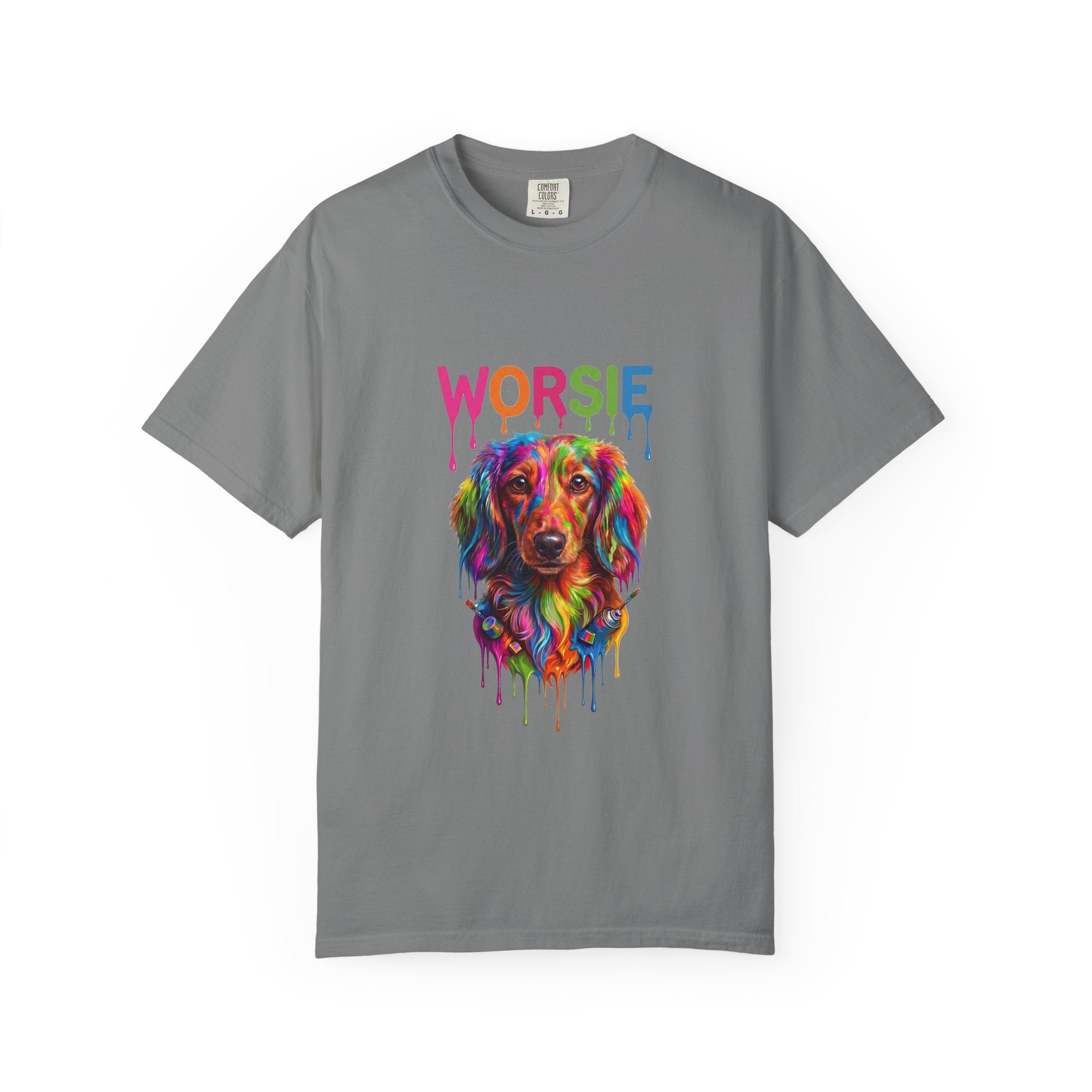 Worsie Colorful Dachshund T-Shirt – Vibrant Drip Art Dog Tee