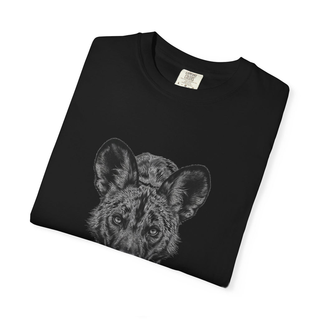 African Wild Dog Graphic T-Shirt — Realistic Walking Pawprint Design