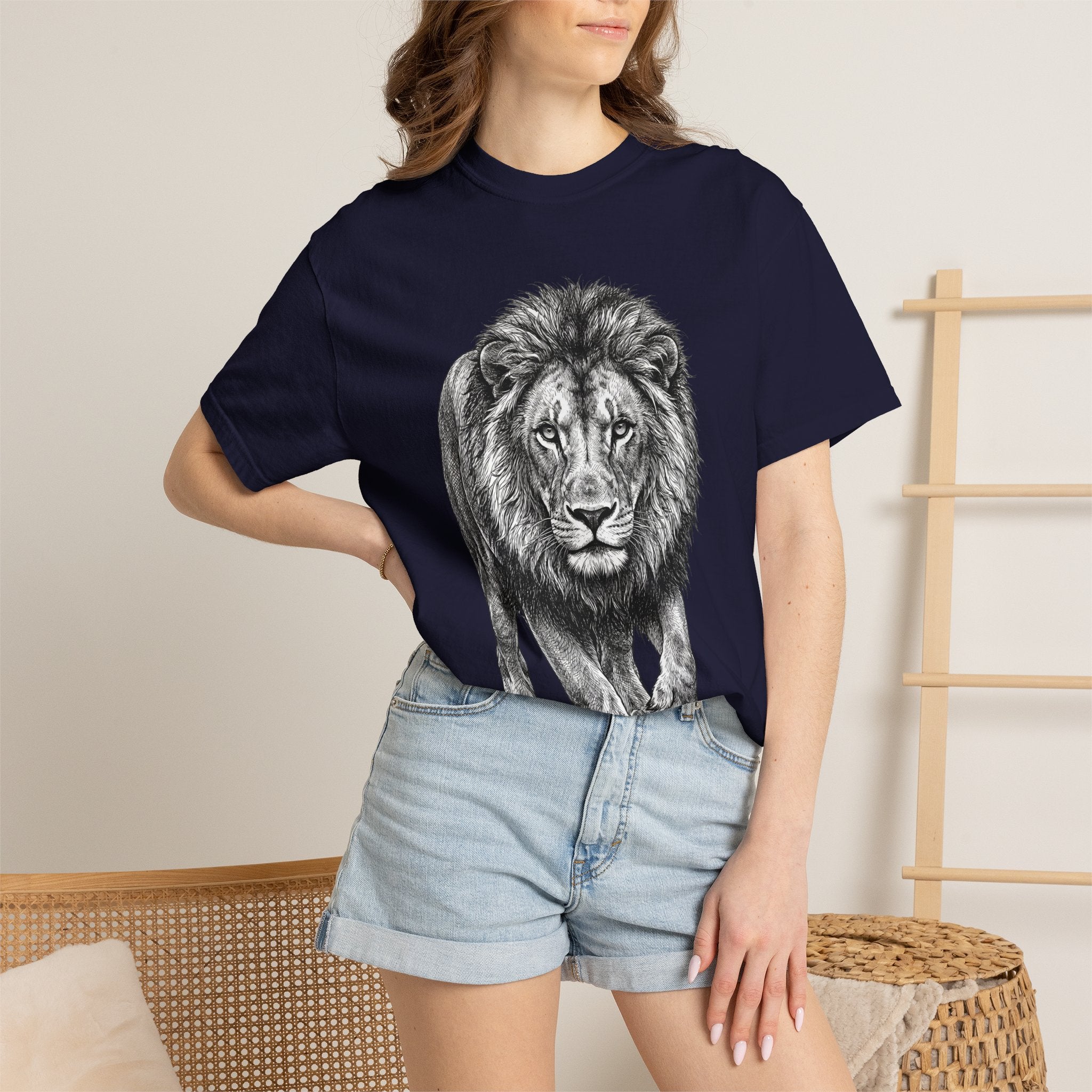 Lion Graphic T-Shirt — Realistic Walking Lion Illustration