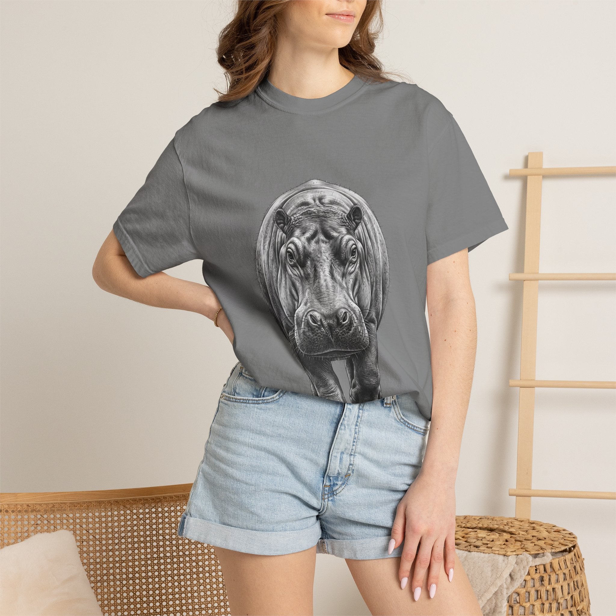 Hippo Front-Print T-Shirt — Realistic Hippo Graphic Tee