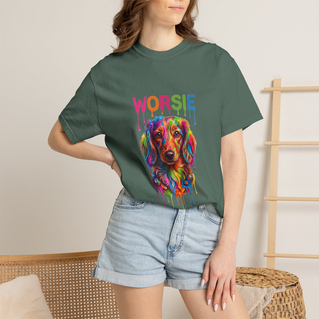 Worsie Colorful Dachshund T-Shirt – Vibrant Drip Art Dog Tee
