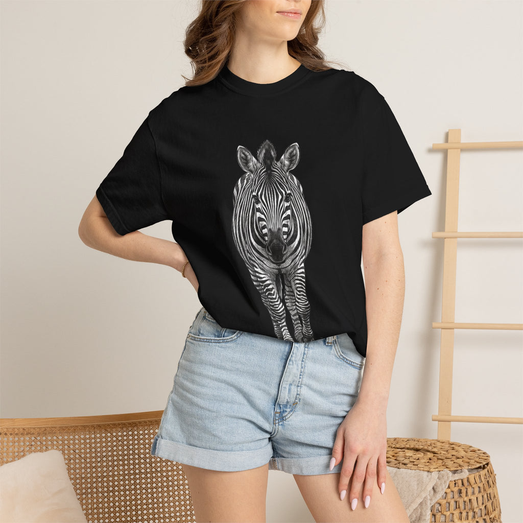 Zebra Front-Print T-Shirt — Realistic Monochrome Wildlife Tee