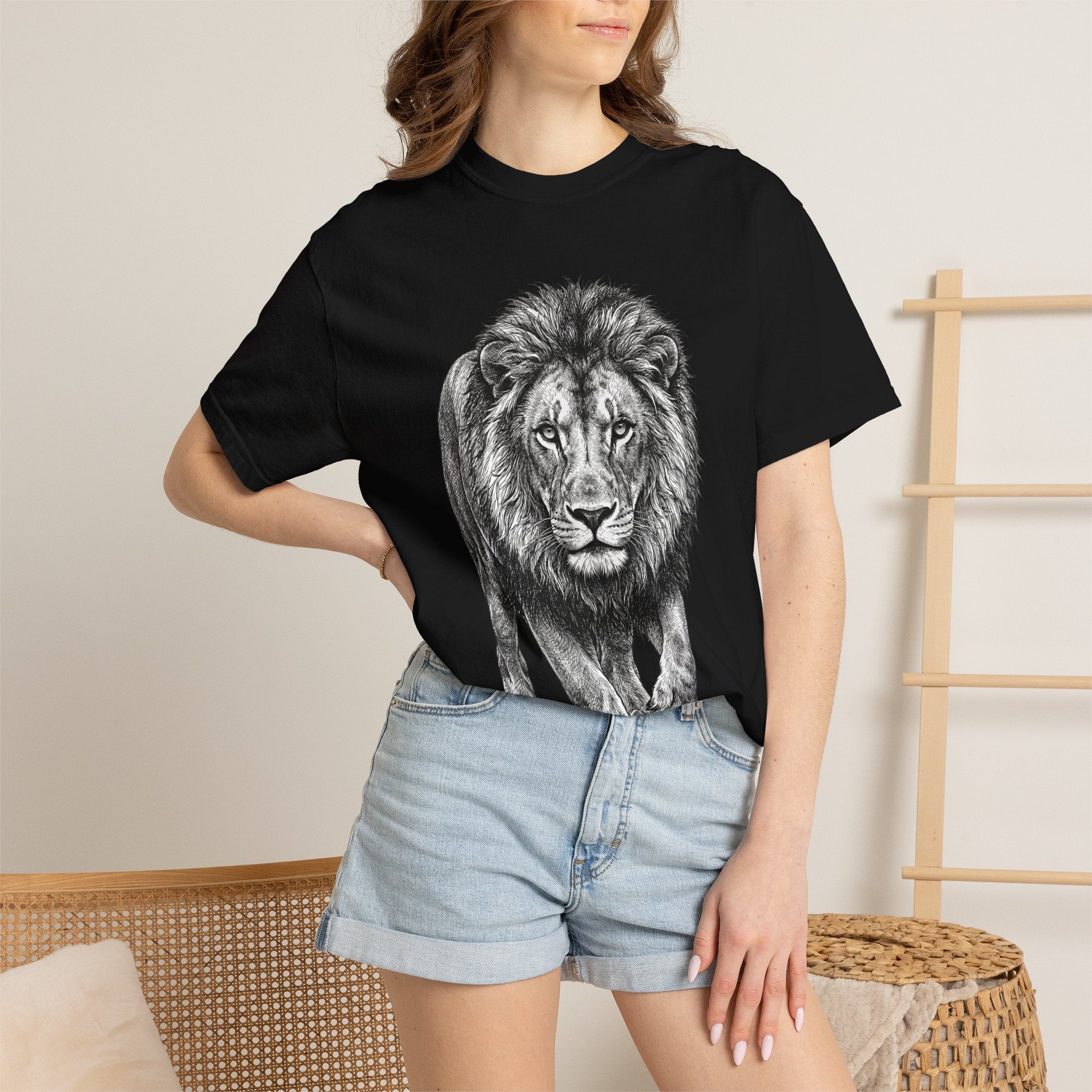 Lion Graphic T-Shirt — Realistic Walking Lion Illustration